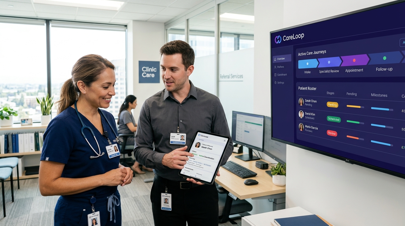 CareLoop clinical care team reviewing active care journeys and patient intake rosters on display screen.