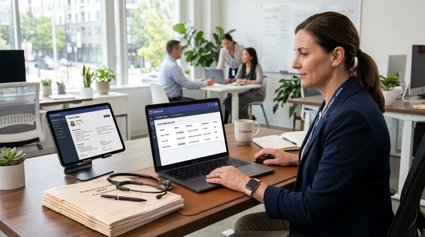 CareLoop clinical operations desk showing live referral queues, patient records, and clinician assignments.